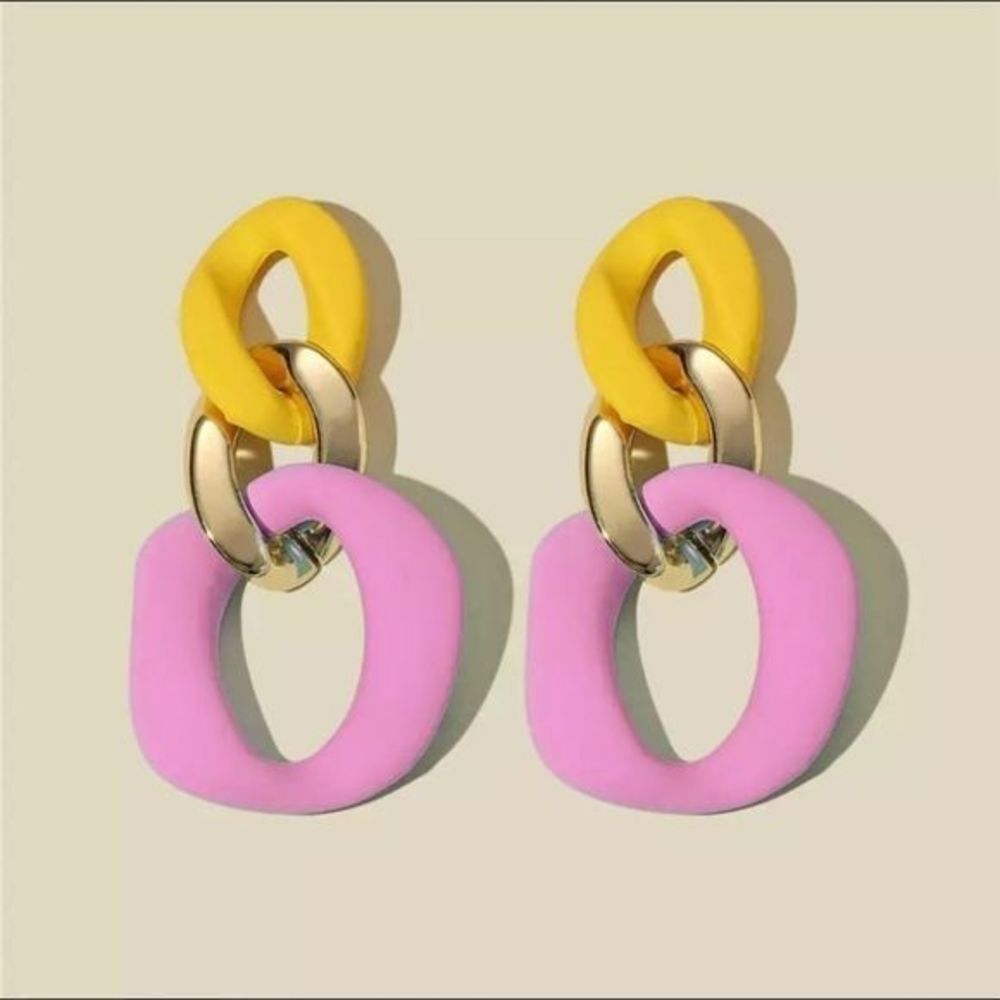 Colorblock Chain Link Earrings - Yellow& Pink